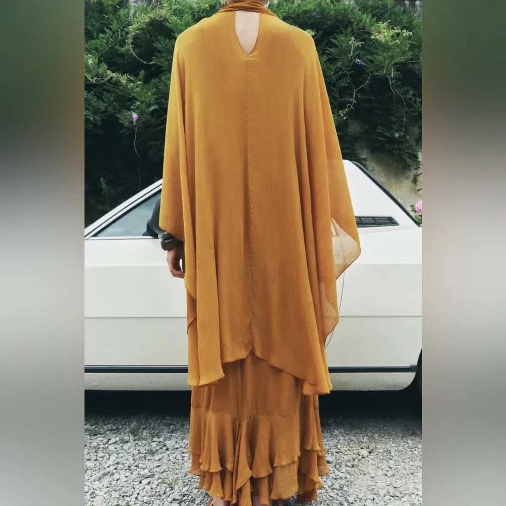 Zara dress maxi cape mustard yellow flowy kimono kaftan boho summer - Picture 8 of 11